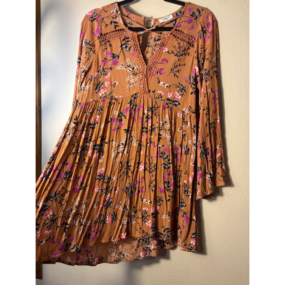 Umgee Floral Babydoll Tunic Dress Terracotta Orange Crochet Lace V-Neck Small‎